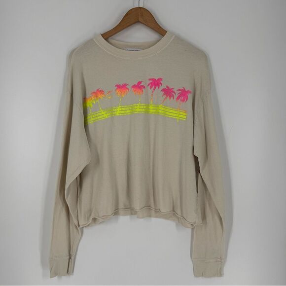 Daydreamer Cali Palms Crop Long Sleeve Neon Graphic Print Tee in Beige | Medium - Picture 4 of 8